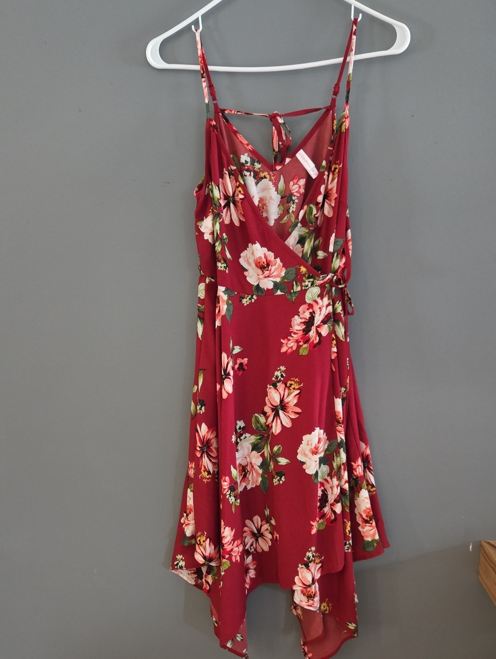 Xhilaration Burgundy Floral Wrap Dress with Pink and Green Accents